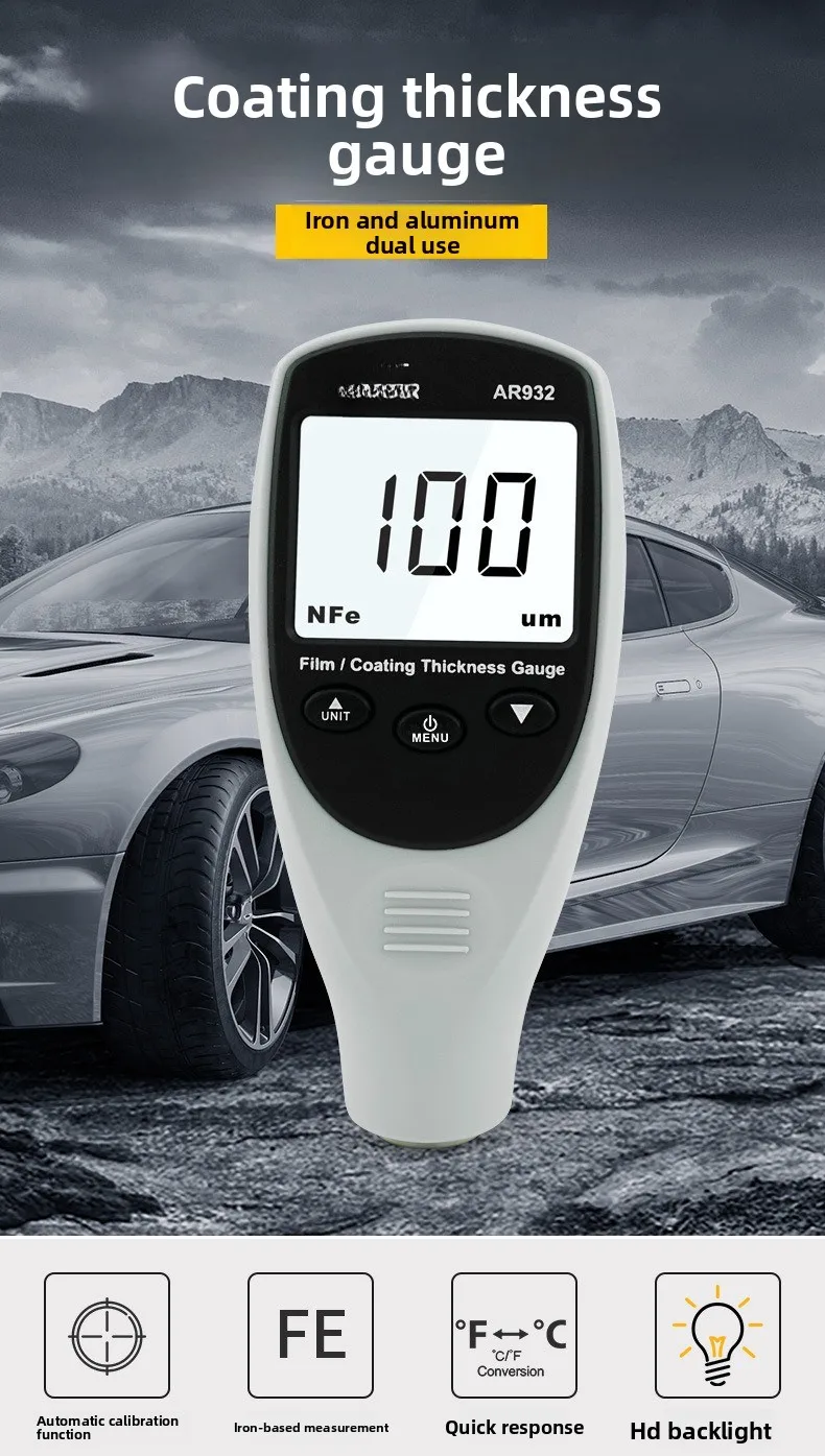 AR932 Coating Thickness Gauge, Multi‑purpose Tester for Car Paint Film & Zinc‑plated Layer Iron‑aluminum Base Measurement