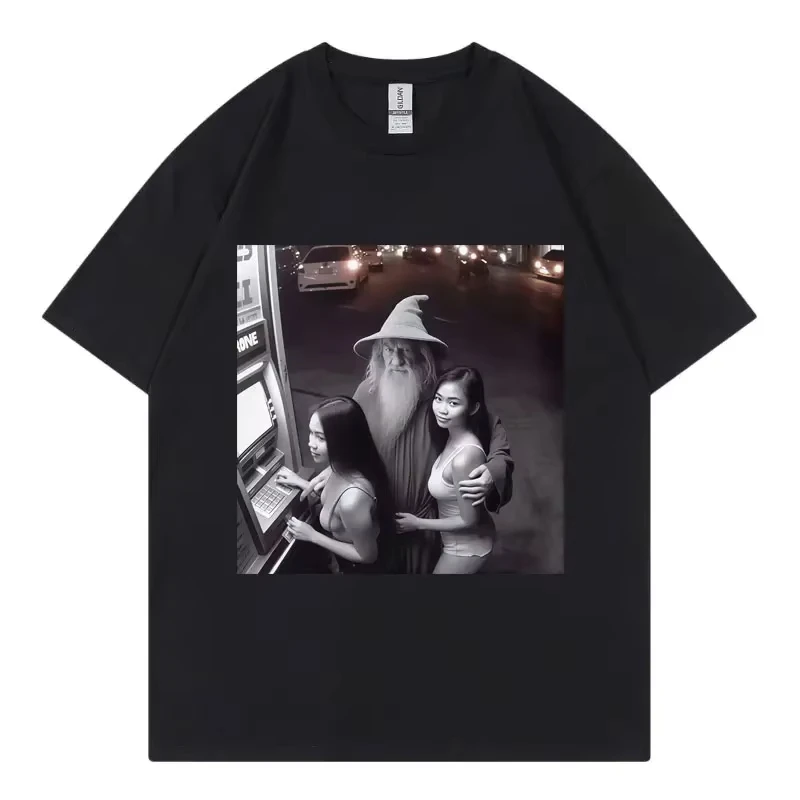

ATM Wizard with Girls Funny Meme T-shir Women's Vintage Cotton Fashion Short Sleeve T Shirts Summer Casual Loose T-shirts Tops