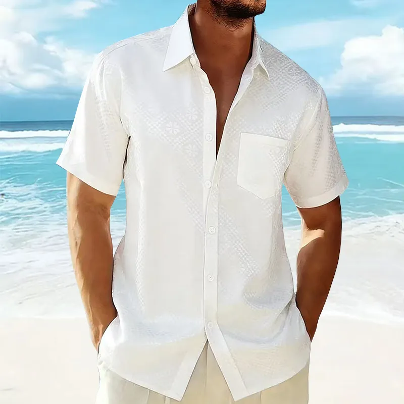 

Korean Style Men's Beach Shirt Satin Short Sleeve Diamond Pattern Print Resistant to Deformation Standard Fit Casual Shirt