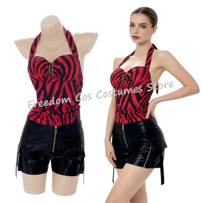 Movie Obsession Movie Nikki Cosplay Red Black Zebra Print Halter Sexy Top Faux Leather Cargo Shorts Adult Women Halloween suit