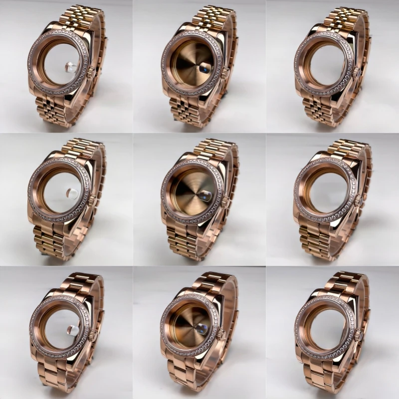 NH35 Case 36mm/39mm DJ Rose Gold Diamond Bezel Sapphire Glass Fit 28.5mm Dial Parts Modify For NH35 NH36 Movement Watch Case