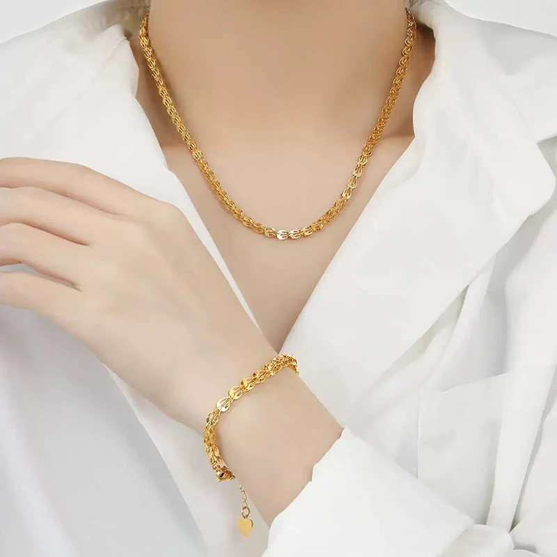 EILIECK 316L Stainless Steel Metal Gold Color Light Chain Neckalces Bracelet Set For Women New Trendy Jewelry Collar Bijoux Gift image 3
