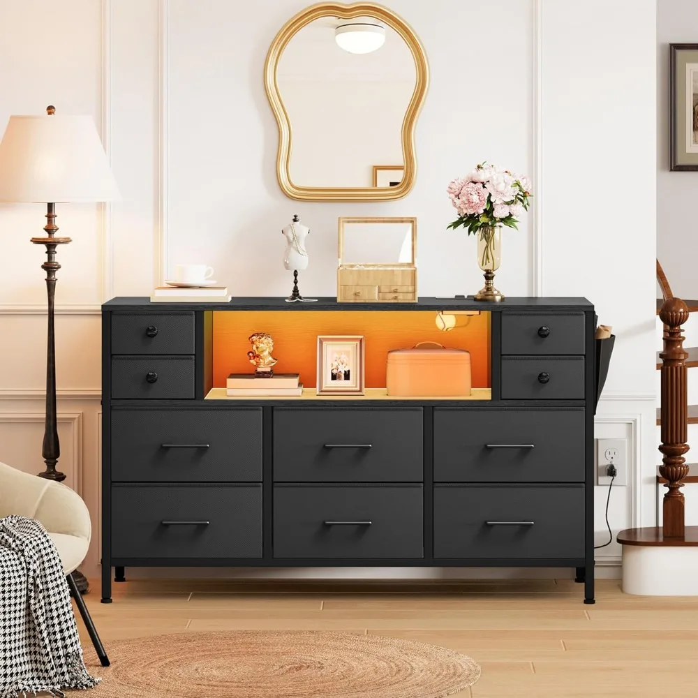 YITAHOME 55 Meuble TV avec station de chargement, table console multimédia pour commode à 10 tiroirs avec rangement latéral