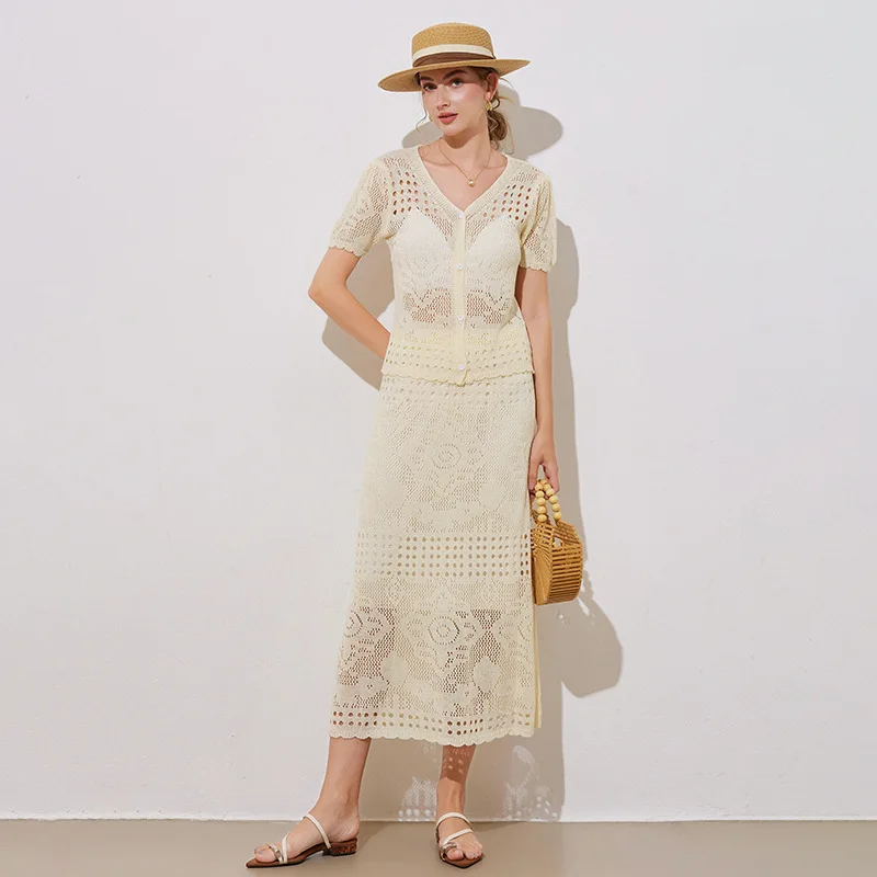 Summer Crochet Two-Piece Set for Women Elegant Short Sleeve V-Neck Cardigan and Hollow Out Knitted Maxi Skirt Casual Holiday