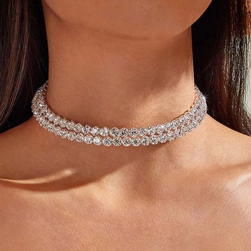 

TREAZY New Double-layer Rhinestone Choker Necklace Round Flower Crystal Ins Trendy Neck Jewelry Statement Bridal Wedding Collar