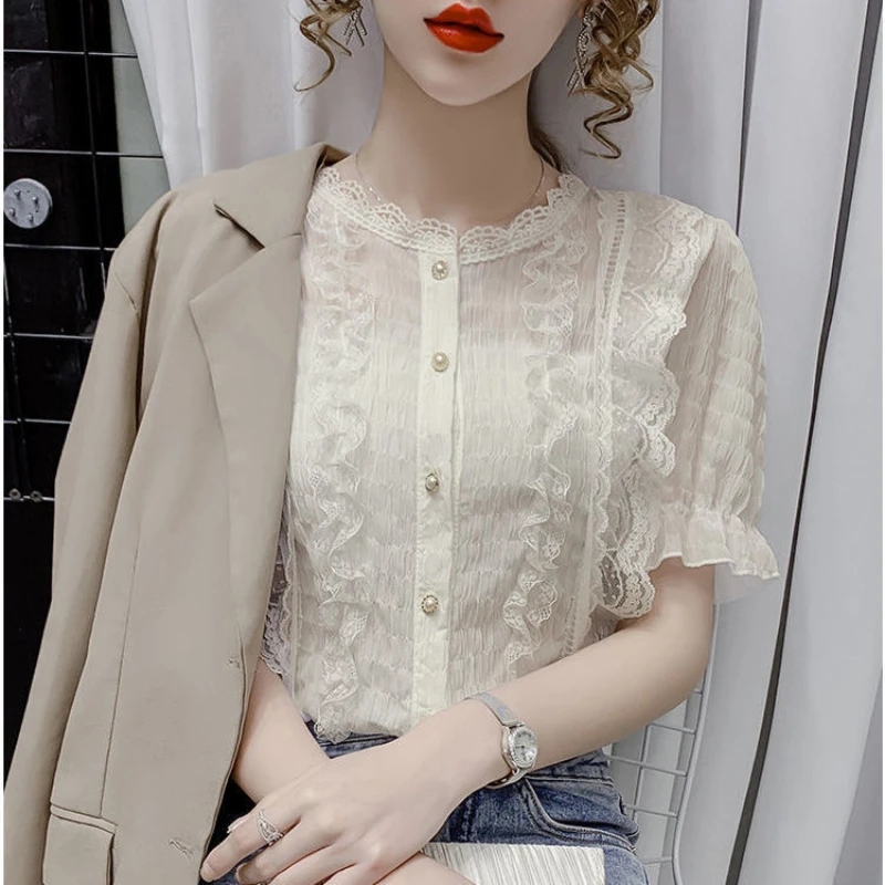 Summer Short Sleeve White Blouse Women Lace V-Neck Blouse Shirt Women Tops Blouses Shirts Ladies Casual White Elegant Tops Q76