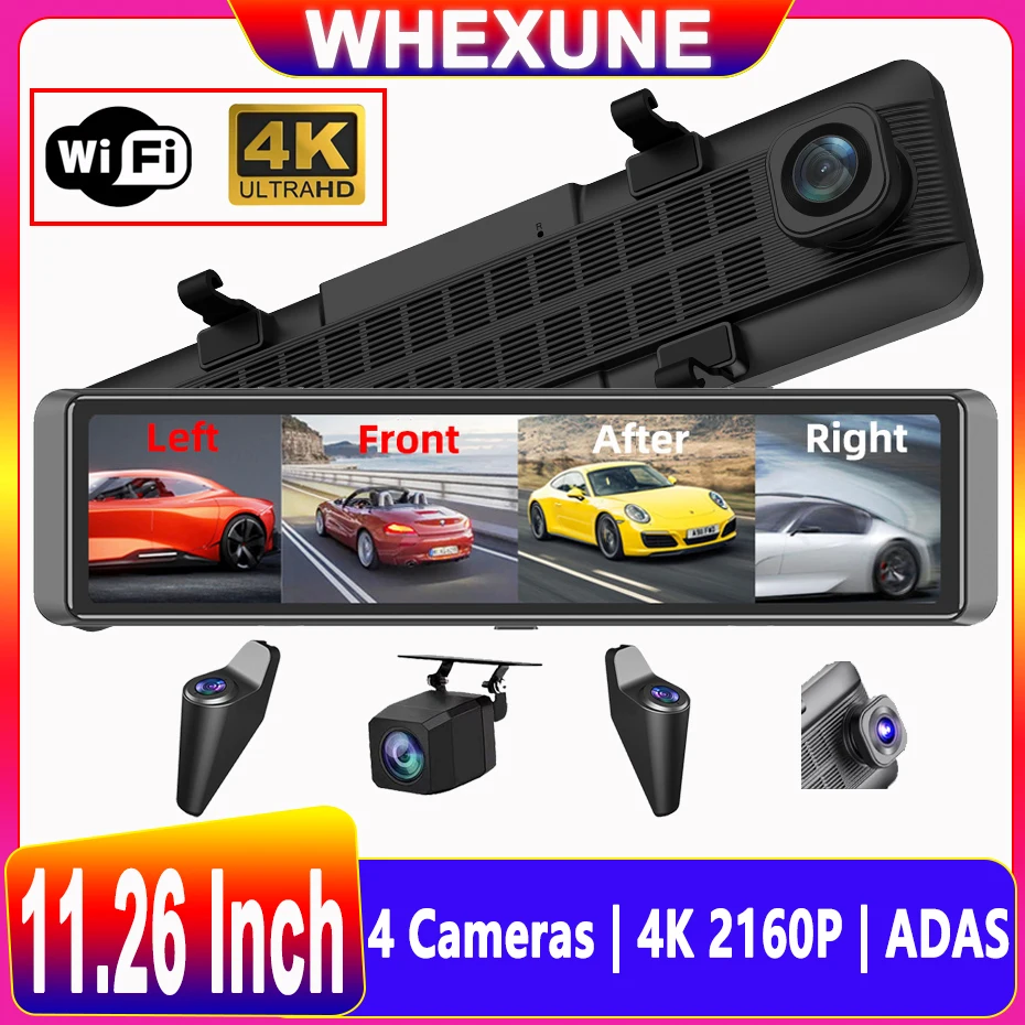 4CH Dash Cam 11.26 Inch 4K WIFI Rear View Mirror 4 Cameras Video Recorder Car DVR ADAS BSD Night Vision 24H Parking Monitor