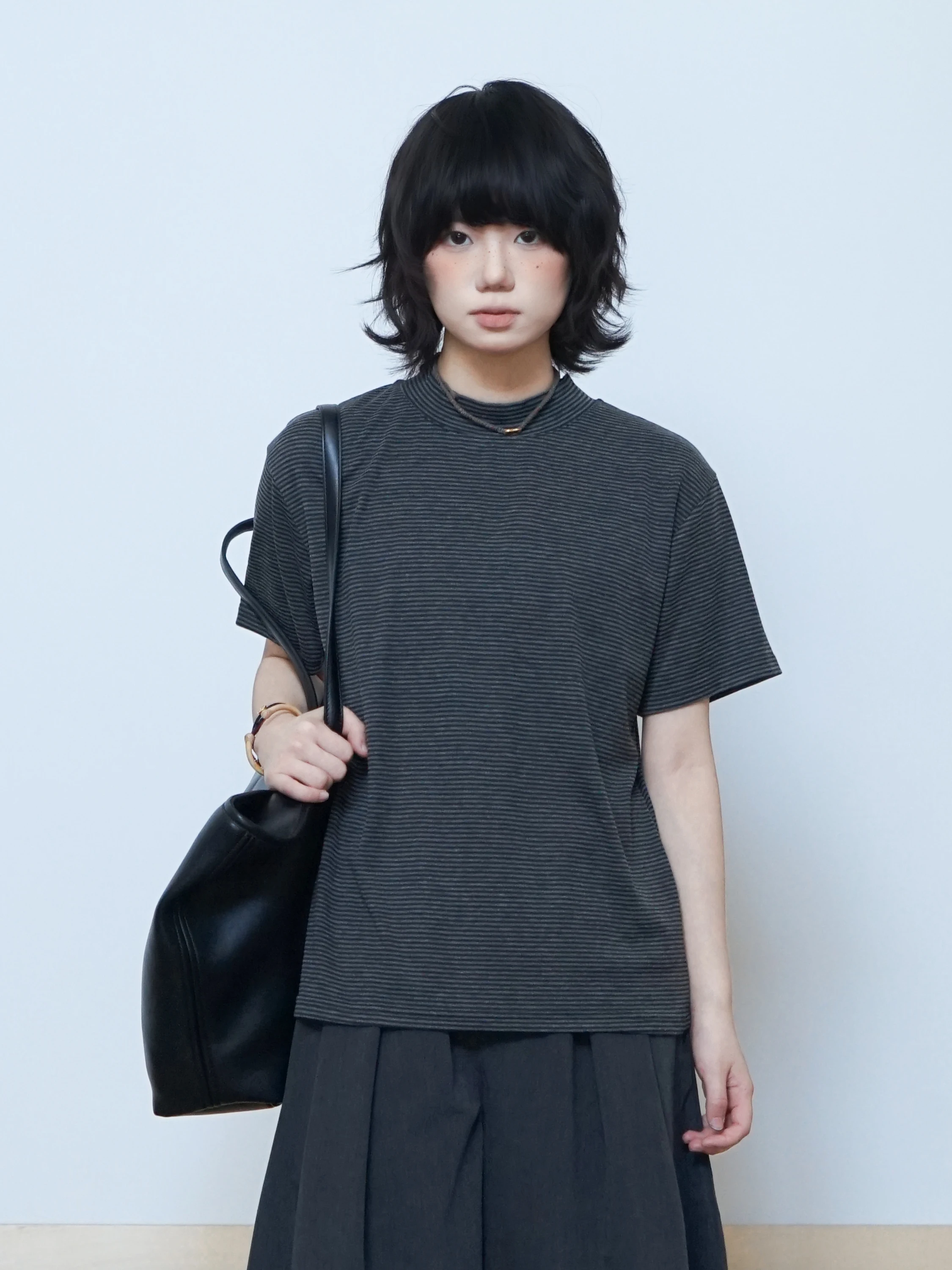 Special Offer Half High Collar Slim Stripe Retro Simple T-Shirt Unisex Commute Short Sleeve Cotton Casual Style Standard Fit
