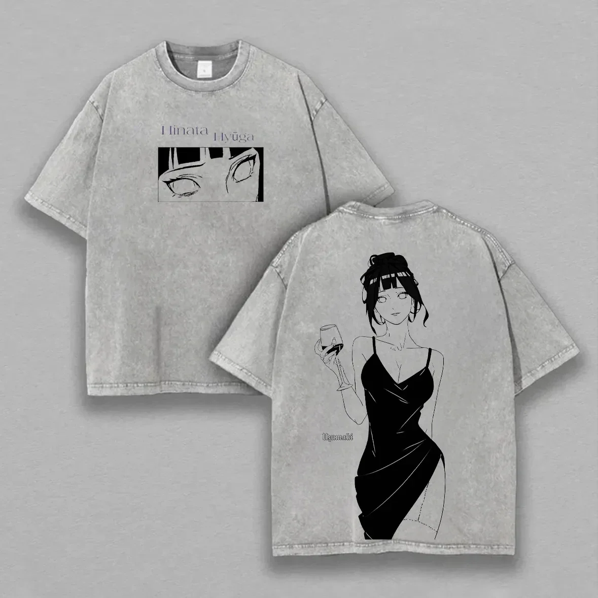 Camiseta Hinata Hyuga Naruto Feminina com Estampa Traseira Acid Wash, Vestido Gráfico de Anime em Algodão, Streetwear Byakugan Vintage Bootleg