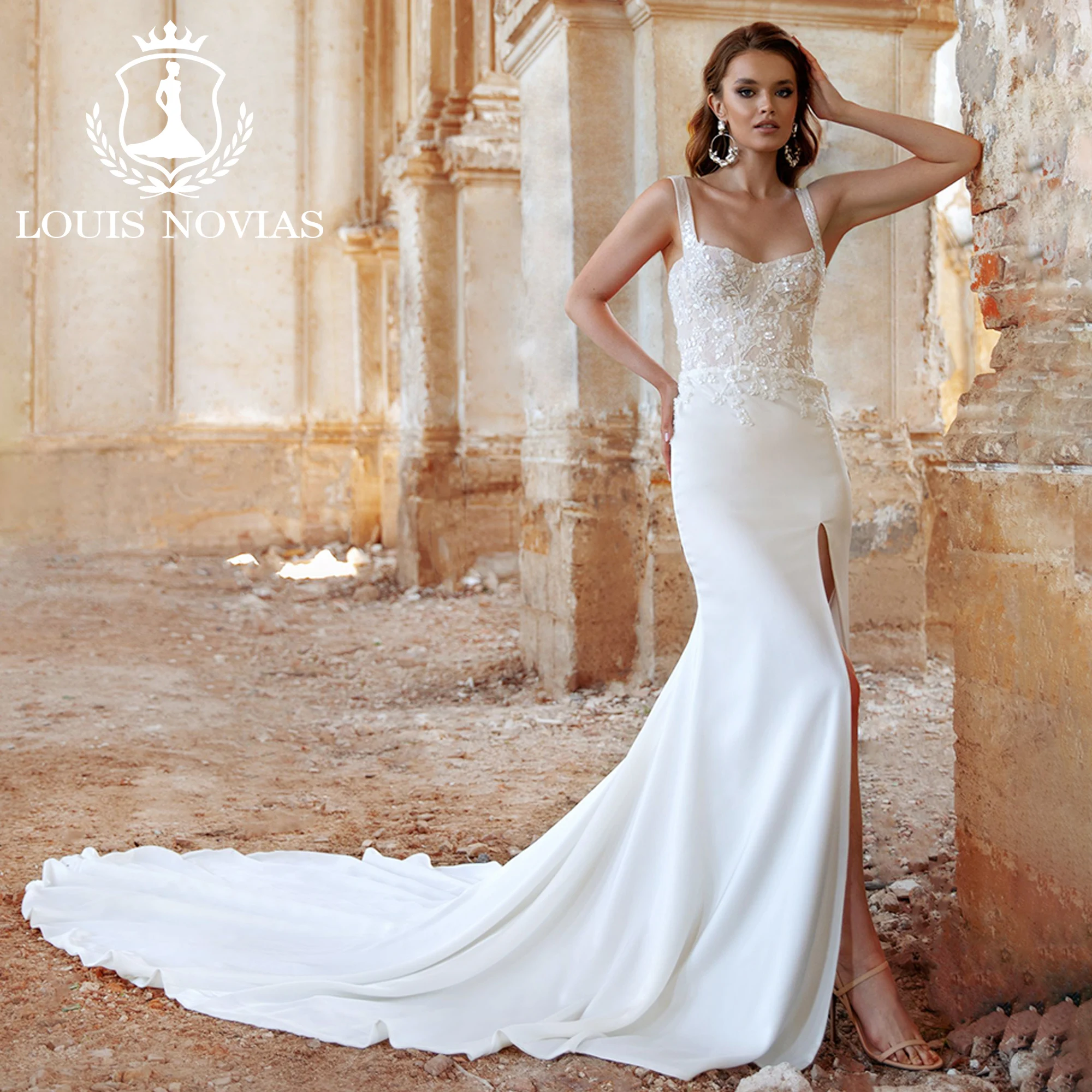 

LOUIS NOVIAS Satin Mermaid Wedding Dress High Quality Sexy Square Collar Spaghetti Straps Appliques Draped Sequined Bridal Gown