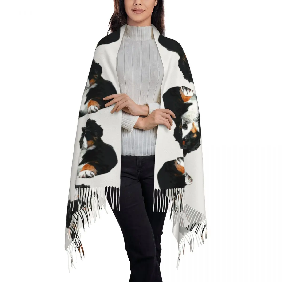 Bernese Mountain Dog Pup Scarf Tassel Scarves Women Soft Warm Shawls and Wraps Long Fall Winter Shawl Wrap