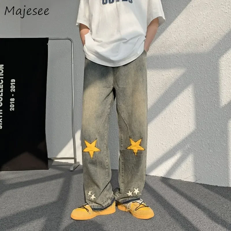 

Men Jeans High Street American European Baggy Designer Handsome Unisex College Kpop Hip Hop Straight All-match Teens Personal