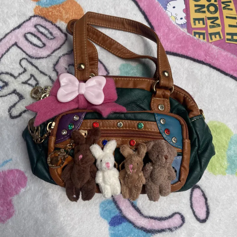 Y2k torba na zakupy kokarda króliczek torba studencka Retro Vintage Kawaii torebka z PU zamek urocza pikantna dziewczyna subkultura torba Crossbody