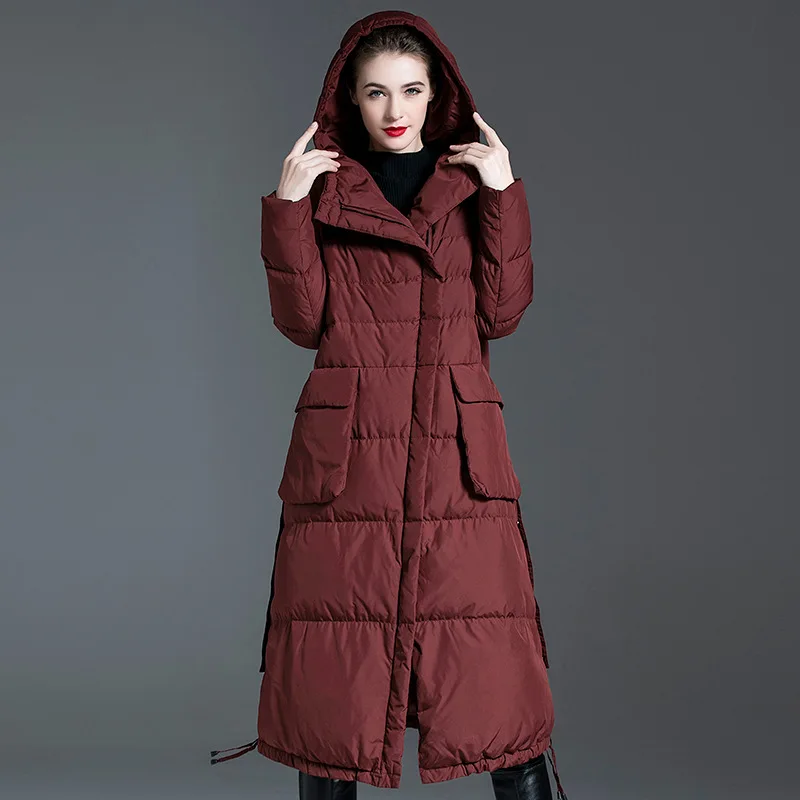 Women's Hooded Mid-Length 2022 New Fashion Thickened White Duck down Warm Autumn and Winter Tight Waist Slim Coat Down Jacket