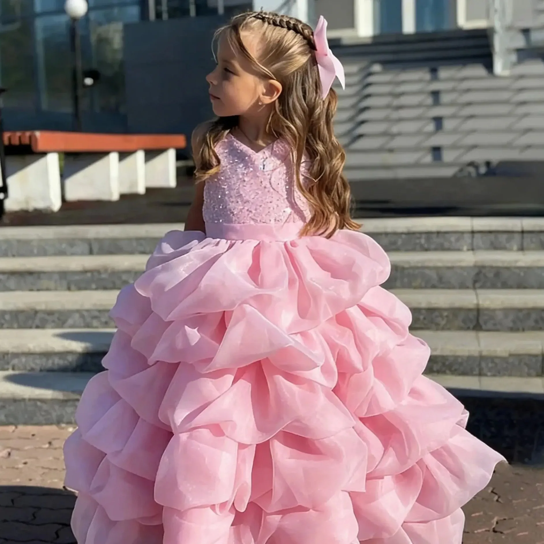 KLFLGD Luxurious and elegant girls party dress, children's festival performance costume, pink fashionable catwalk cake tutu