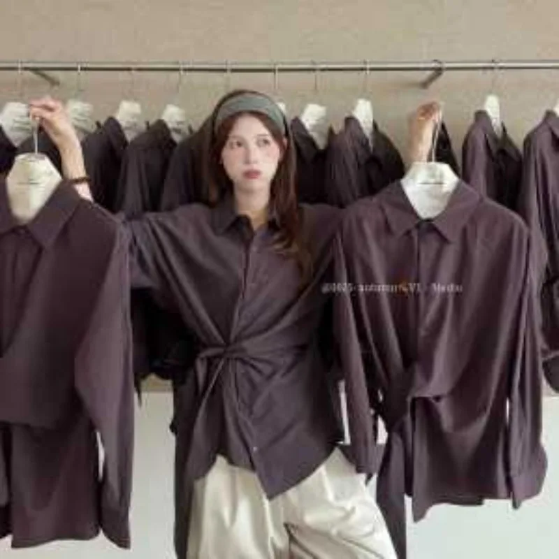 Camisas de temperamento de manga larga con tiras, nuevo estilo coreano, Tops adelgazantes de cintura con diseño de moda para primavera y otoño, versátiles