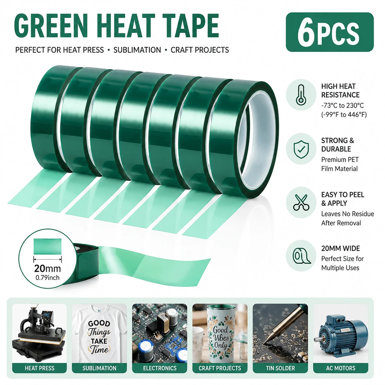 6 Rolls Heat Resistant Tape, 20mm x 33m Wide PET High Temperature Tape, Heat Transfer Tape for Heat Press, PCB Protection