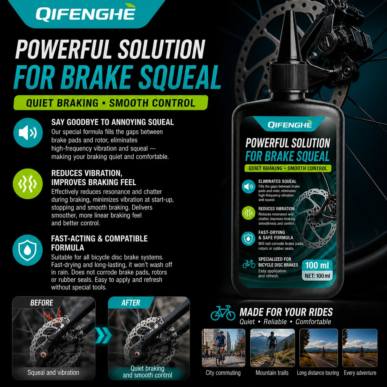QIFENGHE Bike Brake Squeal Eliminator 100ml, Reduce Vibration Quiet Braking Fluid for Bicycle Disc Brake System Safe Fast‑Dry Fo