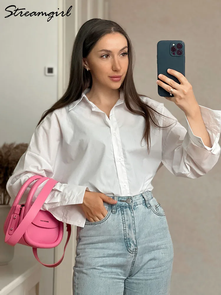 Streamgirl Basic White Oversize Shirt For Women Formal Loose Cotton Office Wear Shirts Ladies Long Oversize Shirts Women 2023