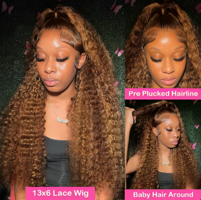 Highlight colored deep wave 13x6 hd lace frontal 100% human hair wig for women Full brazilian cheap curly wigs on sale clearance