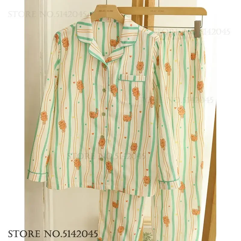 

Spring Autumn New Cotton Pajamas 2Pcs Set Print Cartoon Long Sleeve Trouser Pijamas Suit Lounge Wear Loose Women Home Clothes