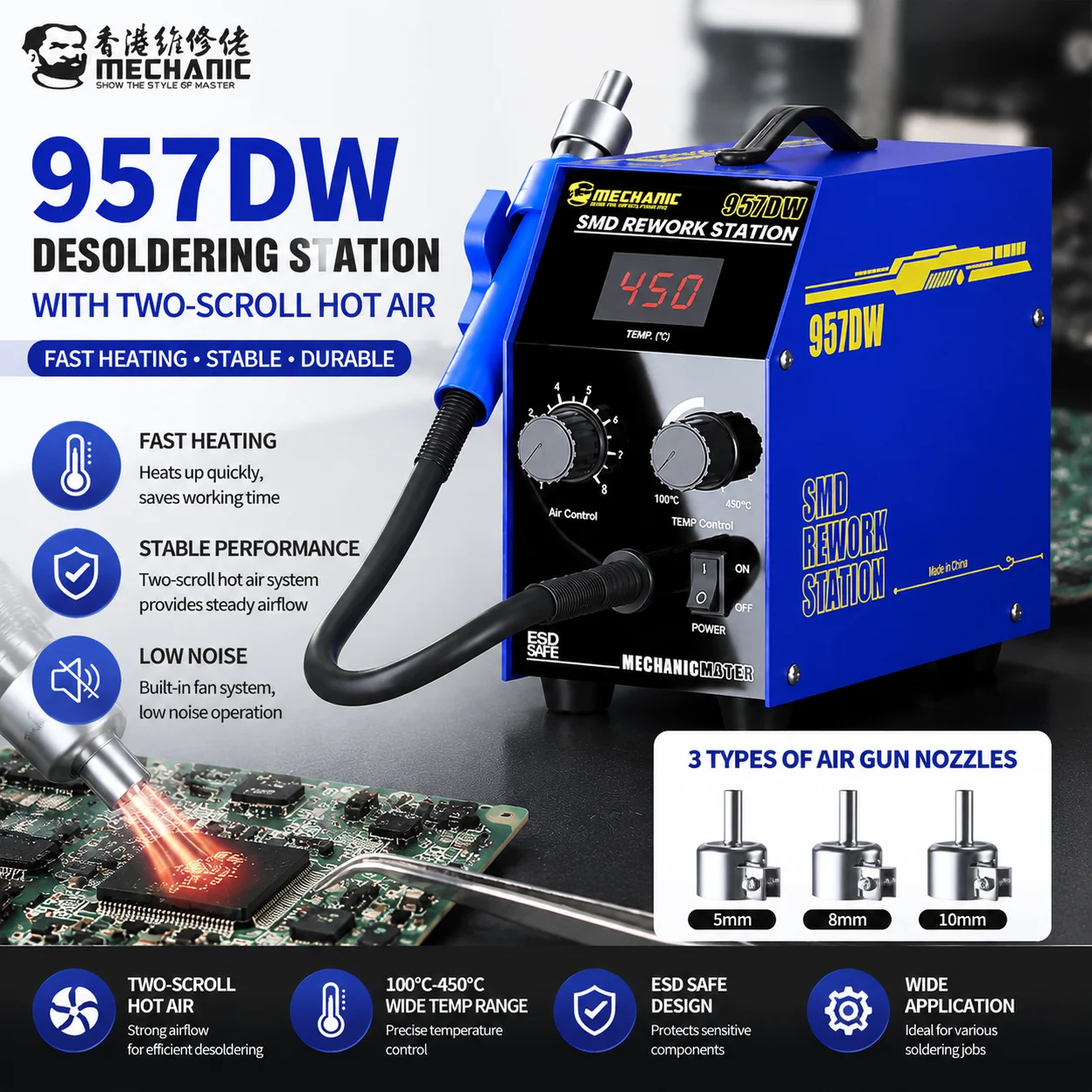 MECHANIC 957DW Dual Eddy Current Hot Air Station SMD Rework Desoldering Tool with Adjustable Nozzles for IC Chip Repair