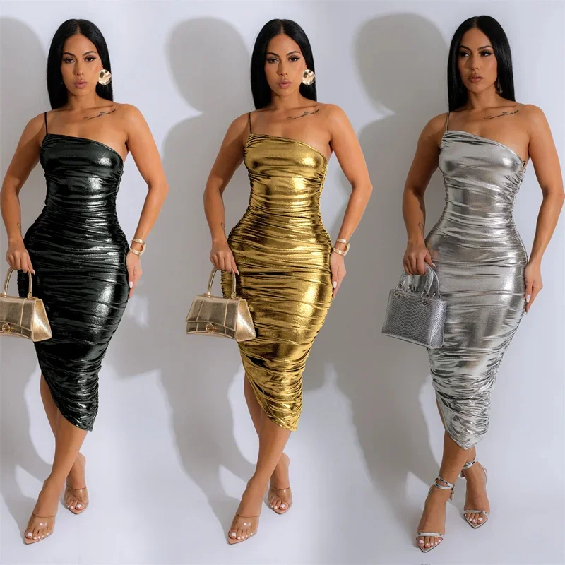 Metallic Gold Silver Party Evening Dress Women Night Club One Shoulder Elegant Ruched Slim Celebrity Birthday Dresses Vestidos