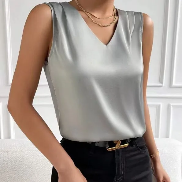 New Women's Satin Vest V-neck Elegant Top Elegant Commuting Office Wear Pullover Sleeveless Shirt for Female