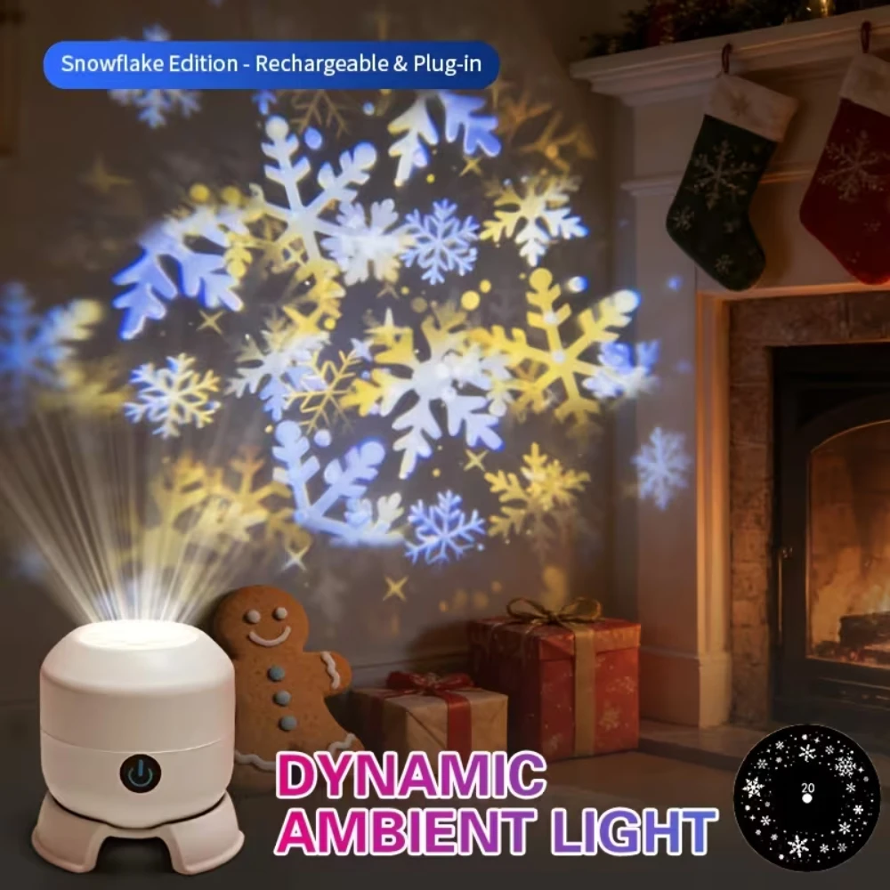 Rechargeable LED Ocean/Snowflake/Christmas Projector Light Rotating Dynamic Night Light USB Ambient Lamp Decorative Lighting