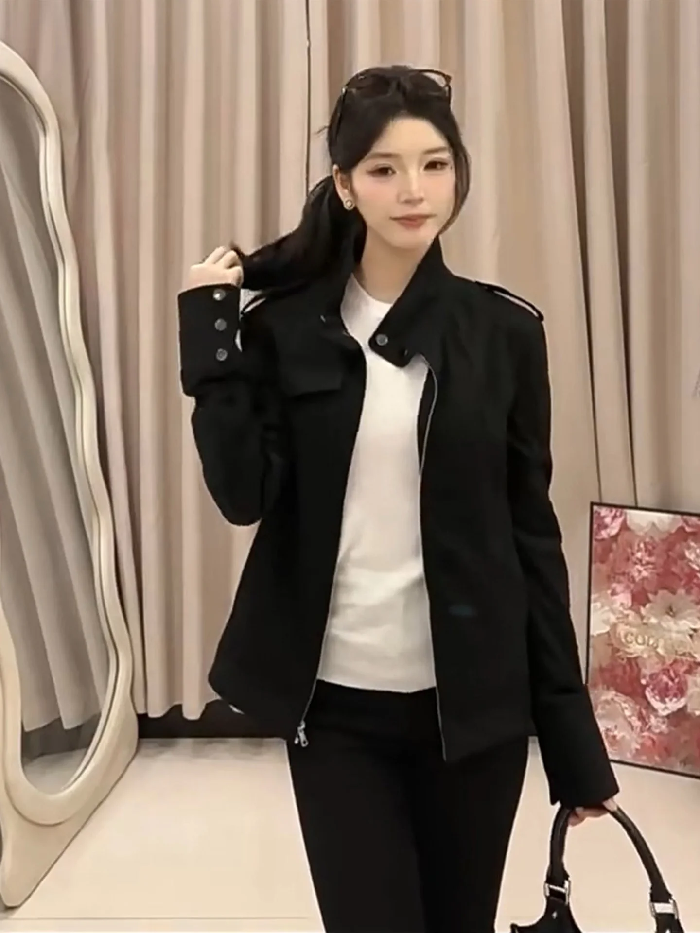 

Bla Stand Collar ort Suede Jaet Women's Spring Autumn Loose Slimming Zipper Open Cardigan Top Faion Ladies' ort Coat