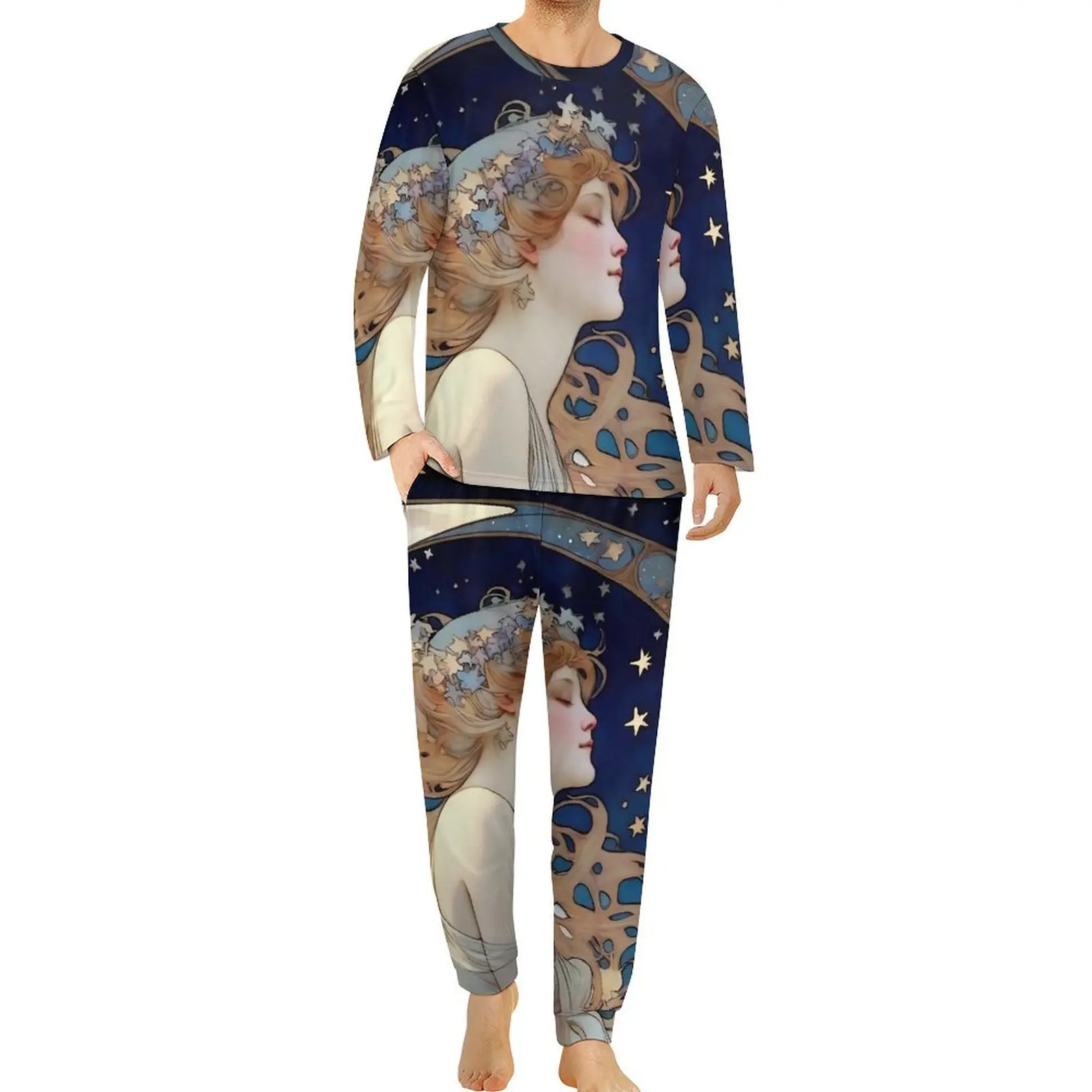 Art Nouveau Pajamas Man Alphonse Mucha Inspired Moon and Stars Romantic Nightwear Autumn Long Sleeves Two Piece Room Pajama Sets