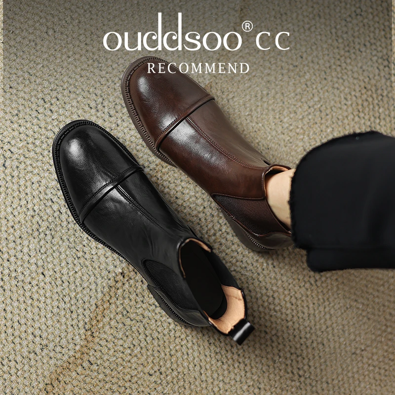 

Ods Retro Black Genuine Leather Women's Boots Fashion Slip On Small Square Toe Chelsea Ankle Boots for Women Low Heel British