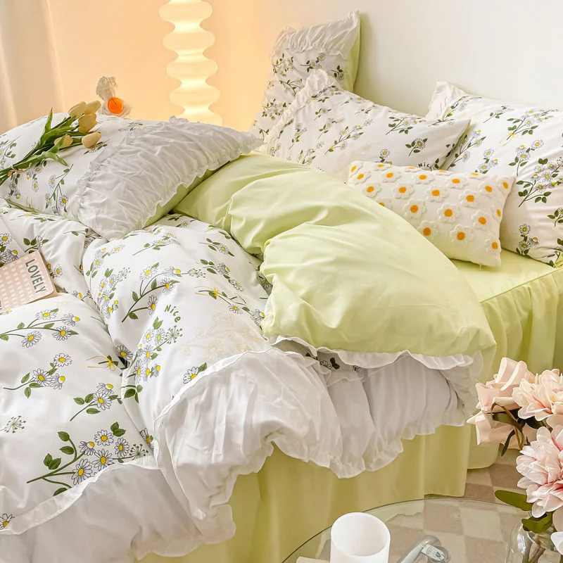 Imagem -06 - Ins Princesa Estilo Flower Bedding Conjunto Capa de Edredão com Pliado Lace Folha de Cama Fronhas Kawaii Menina Mulher Quarto Home Textiles