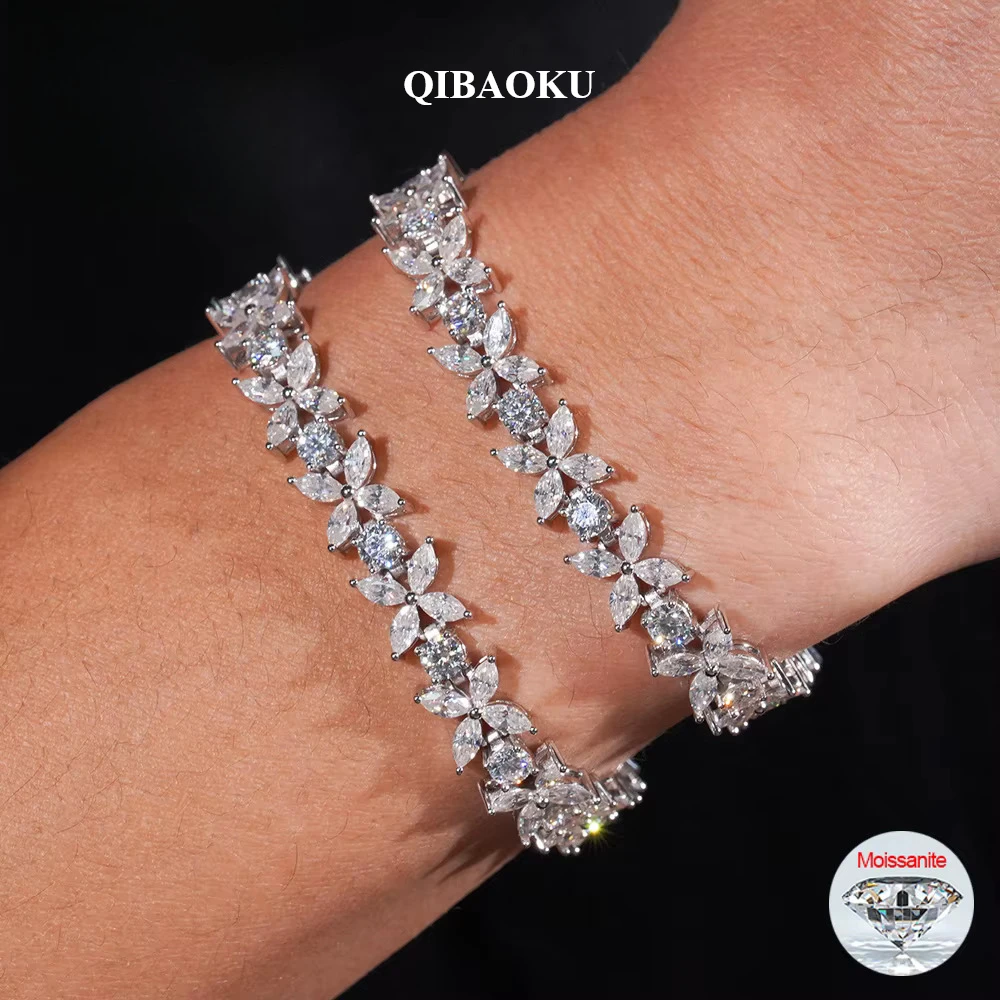 QIBAOKU Marquise Moissanite Bracelets S925 Silver Lucky Clover Diamond for Women Engagement Bangle Gifts Jewelry With GRA 2026