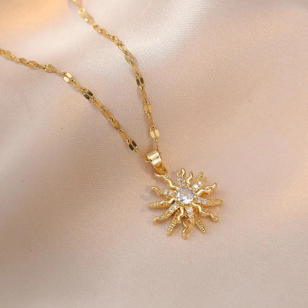 Rotating Flower Pendant Stainless Steel Chains Necklaces For Women Antique Gold Color White Zircon Sun Clavicle Necklace Jewelry