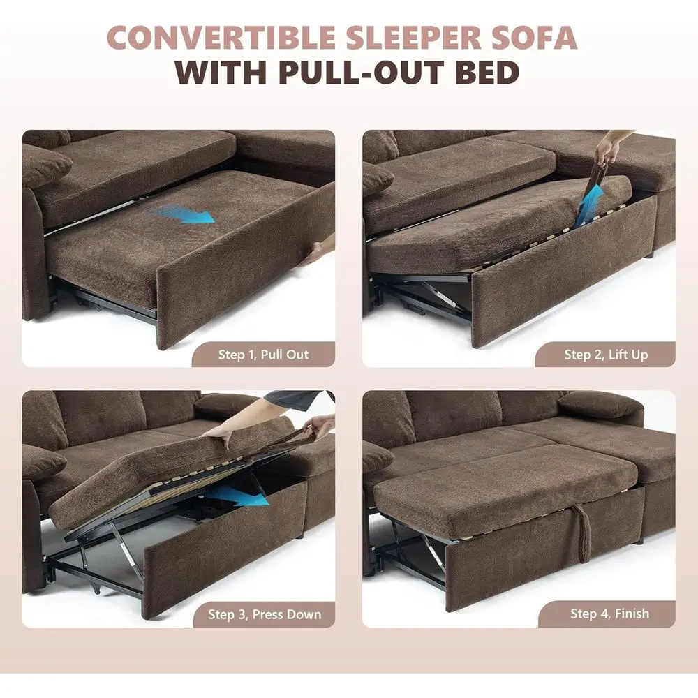 L-Shaped Sectional Sofa Bed with Storage, Cloud-Soft Leather, USB Ports, and Side Pockets in Brown