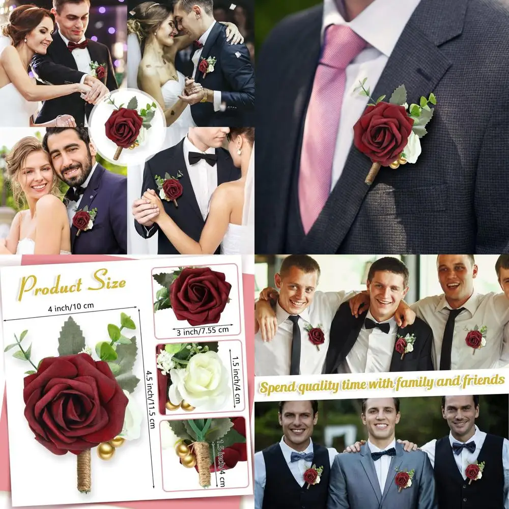 

15 Pcs Burgundy Boutonniere for Men Rose Wedding Boutonniere with Pin Groom Groomsmen Buttonholes Man Suit Corsage for Vintage W