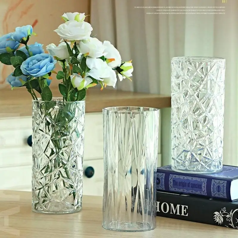 Clear Embossed Acrylic Vase Diamond & Grid Pattern, Shatterproof & Lightweight For Fresh, Dried & Artificial Flowers