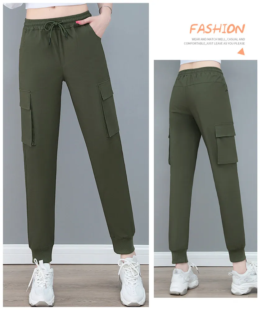 New Spring And Autumn Sports Work Pants For Women'S Casual Fashion High Waist Slim Look Multiple Pockets 9-Point Trousers