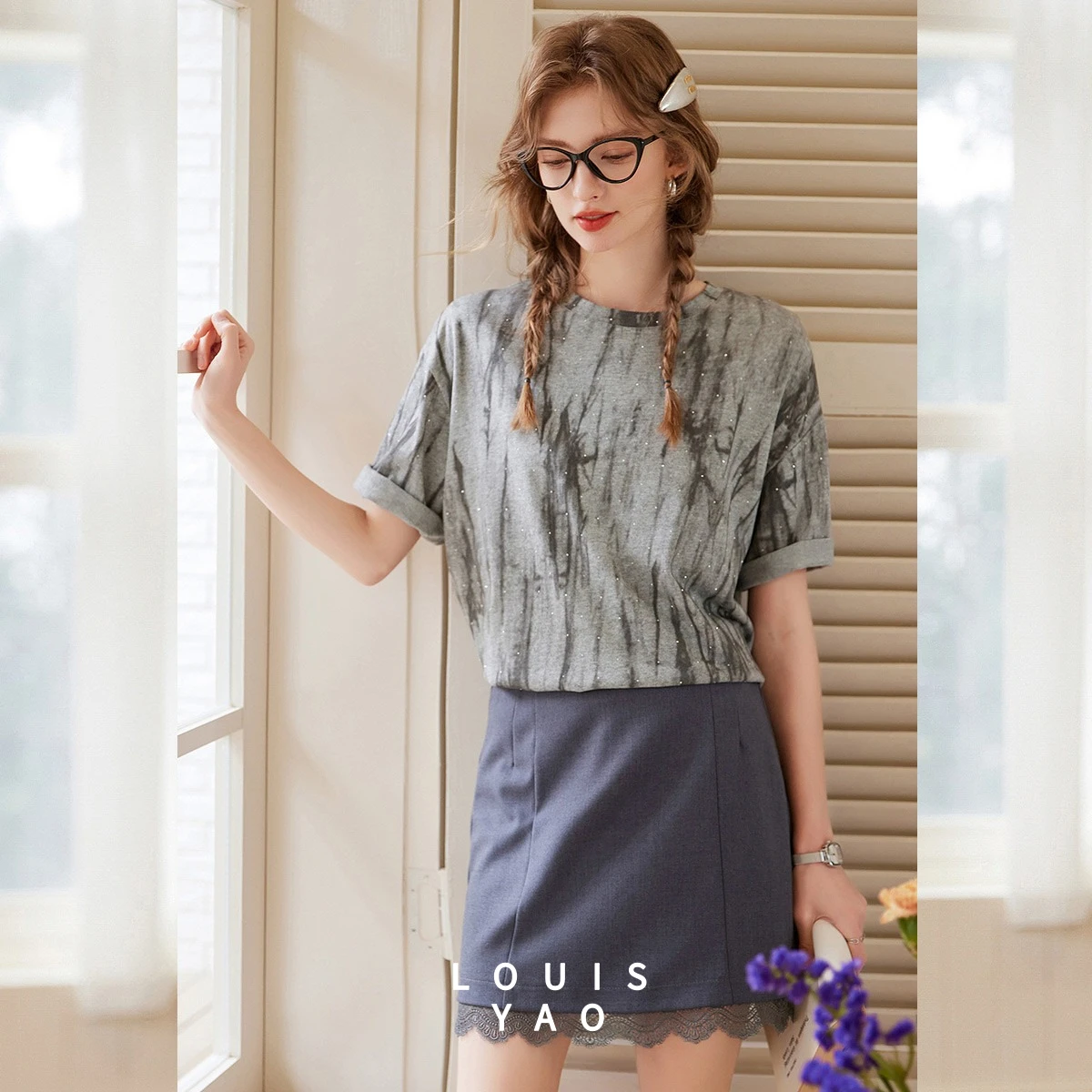 

LOUISYAO Texture Layers Sense Short Sleeve T-shirt 2025 Summer Round Neck Tops Micro Stretch Loose Harajuku Women's Tees