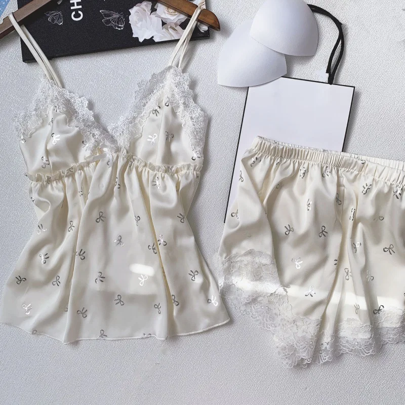 2025 Summer French Style Sleepwear With Chest Pad Women's Strap Shorts Ice Silk Luxury Pajamas image 3