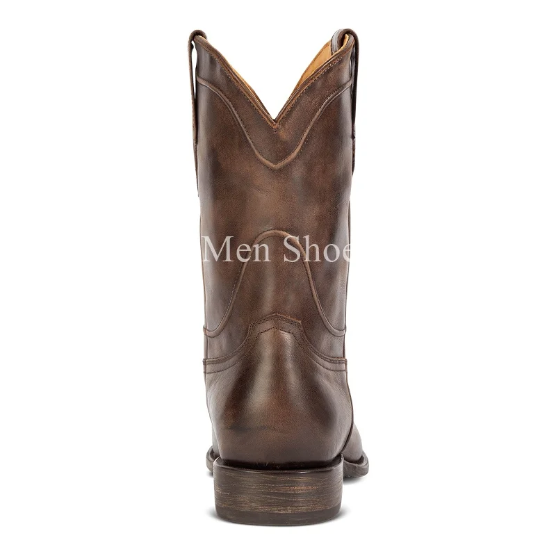 Western Cowboy Chelsea Boots Vintage Mid-calf Boots Pointed Toes Classical Shoes Genuine Leather Worker Winter Booties For Men