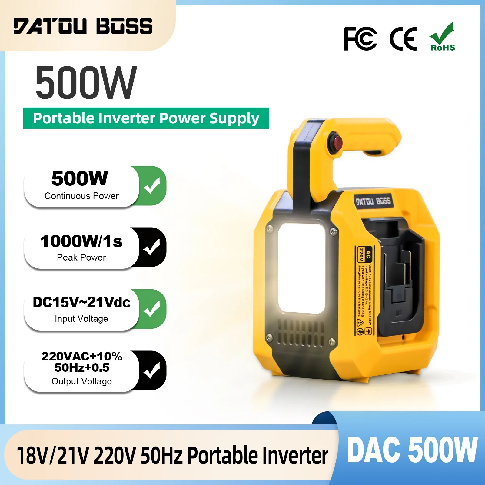 DATOUBOSS 500W Portable Inverter Battery-Powered 18V/21V to 220V 50Hz AC Power Station with LED Light Dual Battery Slots USB 5V 2A for Camping Emergencies Home Backup DIY Projects