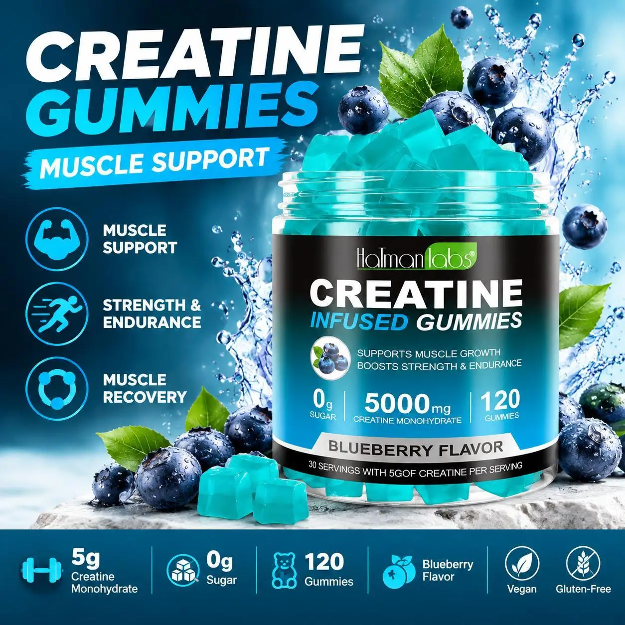 Creatine Monohydrate Supplement Gummies, Blueberry Flavor, Supports Muscle Growth, Strength, Endurance & Daily Fitness, 120 Ct