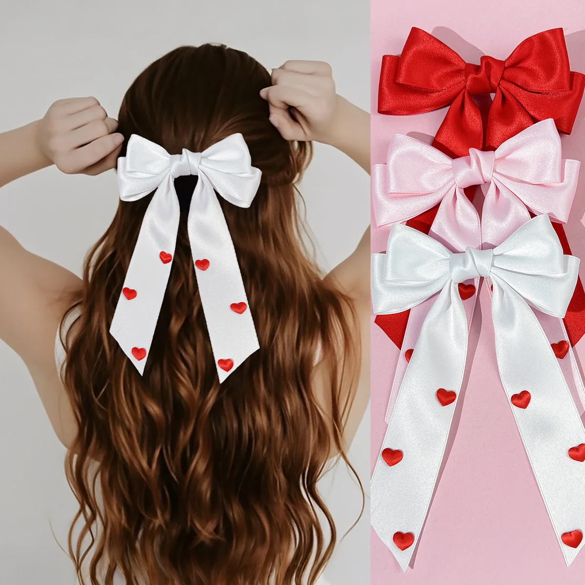 

30PCs Satin Ribbon Bow Hair Clips for Girls Women Kids with Long Tassel Barrettes Heart Charm Valentine's Day Hair Accessories