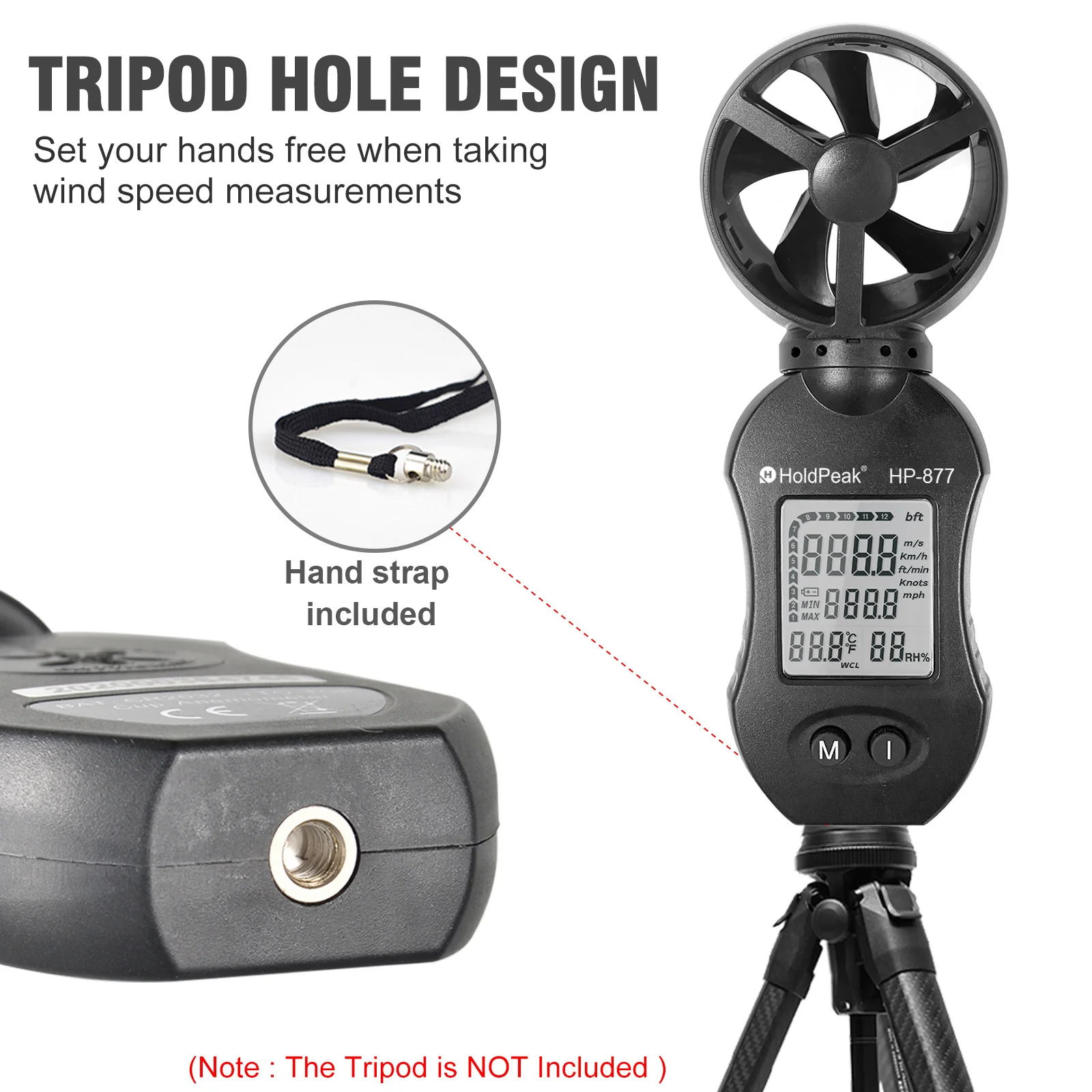 HoldPeak Cup Anemometer Handheld Digital Wind Speed Meter 0.3-30m/s Temp Humidity ±5% HVAC Sailing Drone 1/4