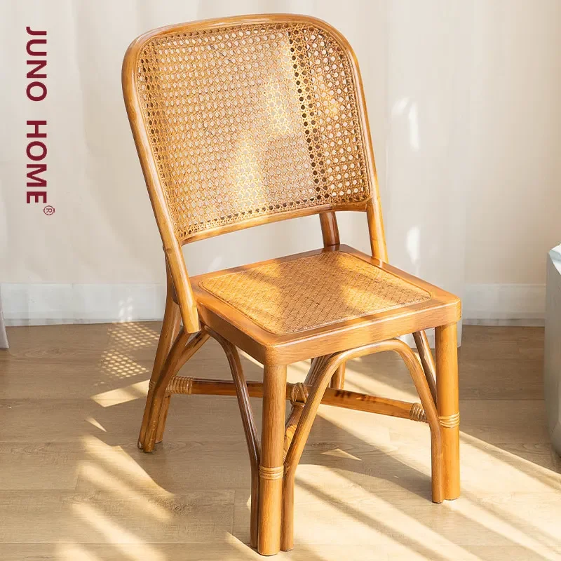 Rattan Armchair for Elderly Wicker Single Leisure Chair for Balcony Rattan Small Back Chairs Vintage Natural Relaxing Cane Seat