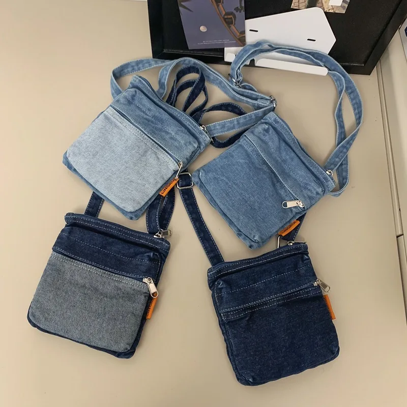 Mini bolsa jeans feminina, bolsa tiracolo de ombro, bolsa casual com bolsas e bolsas, bolsa mensageiro da moda, nova, 2024