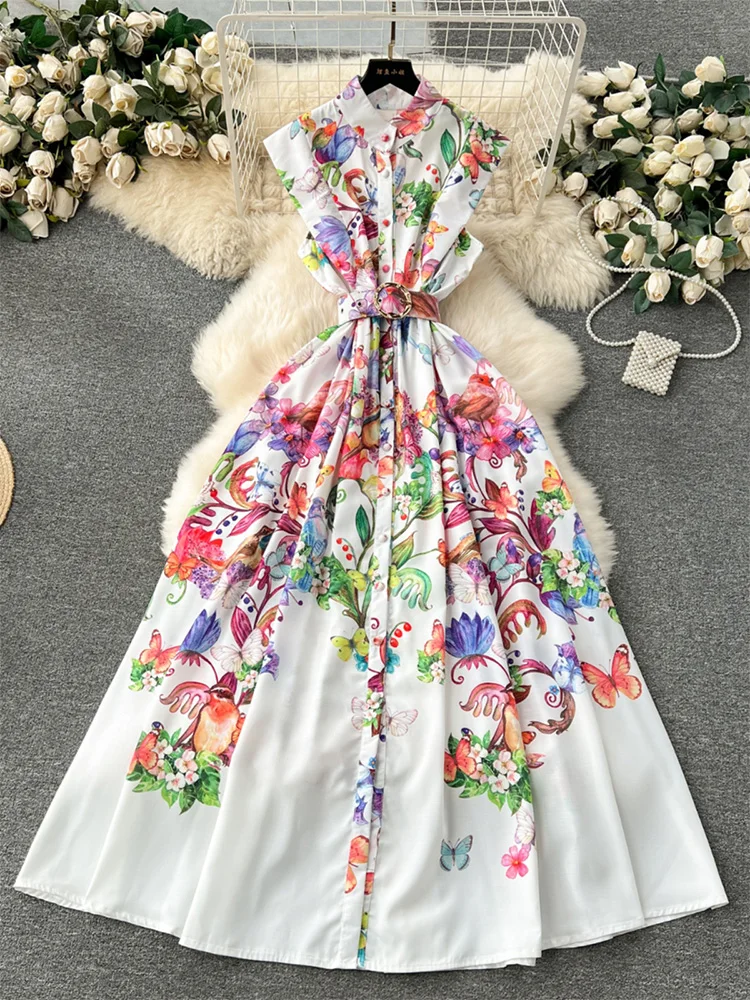 New In Dresses 2024 Summer Women Stand Collar Button Up Belted Elegant Holiday Dress Sleeveless Vintage Floral Print Long Dress