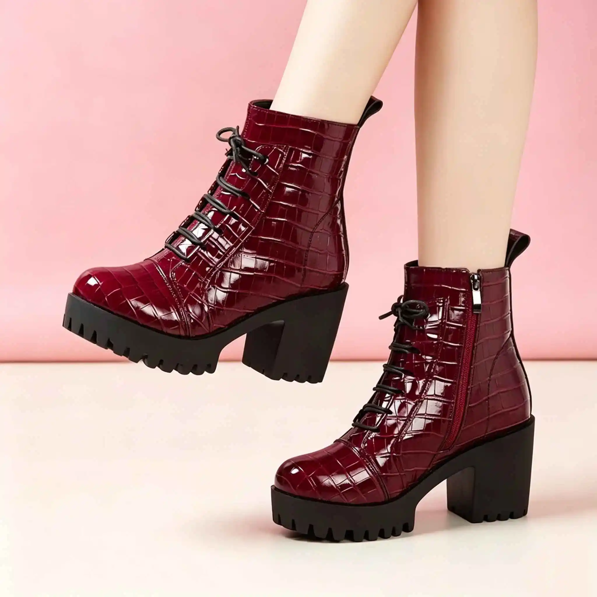 

8cm Small Size 32-43 Vintage Quality Bright Leather Boots Platform Shoes Winter 2025 Women's Block High Heels Ankle Boots Office